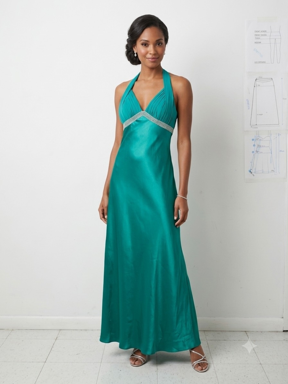 Y2K Vtg Papell Boutique Evening Silk Teal Halter Evening Gown with Beaded Sz 6P